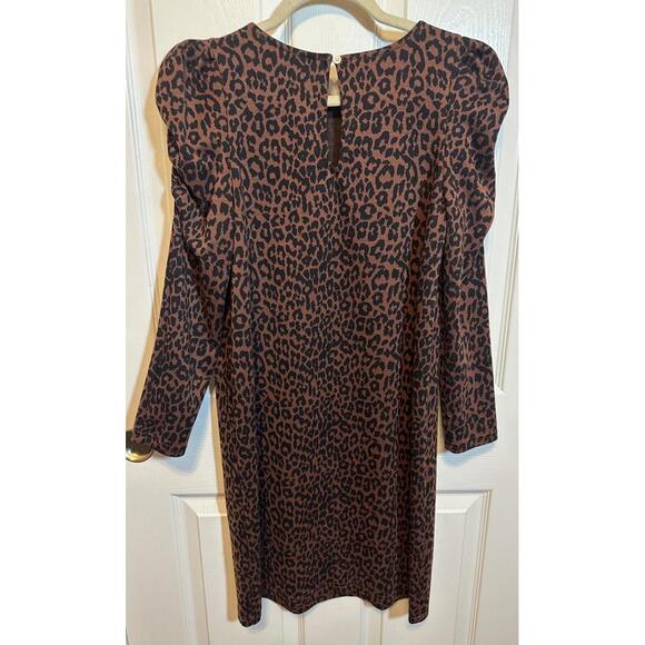 LOFT Brown Leopard Print Long Puff Sleeve Dress Size Small - Picture 5 of 8